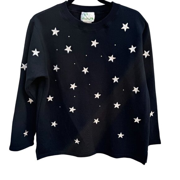 The Quacker Factory Black Star Embroidered Rhinestone Long Sleeve Sweatshirt S - Picture 1 of 10
